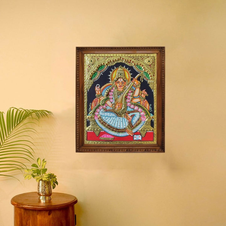 10x8" Tanjore Painting Saraswathi Authentic With 22 Ct gold Foil and Jaipur Gemstones ,Unframed | SHOBITAM