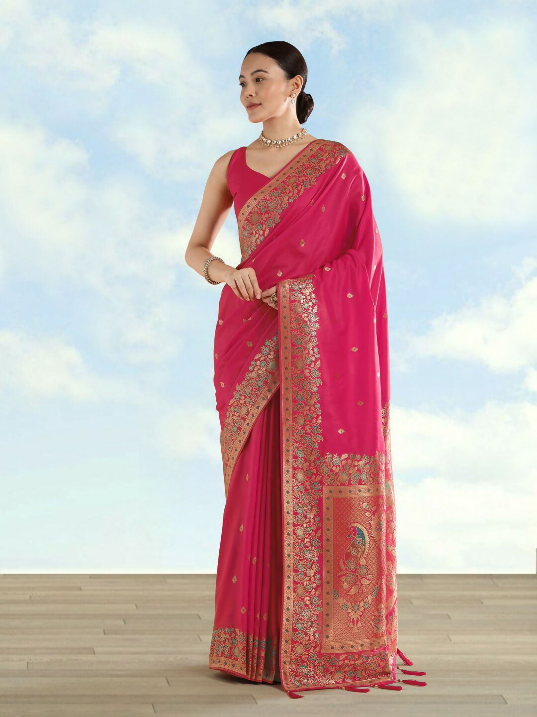 Rani Pink Semi Banarasi Satin silk Saree With Zari Border And Butti Work  | SHOBITAM
