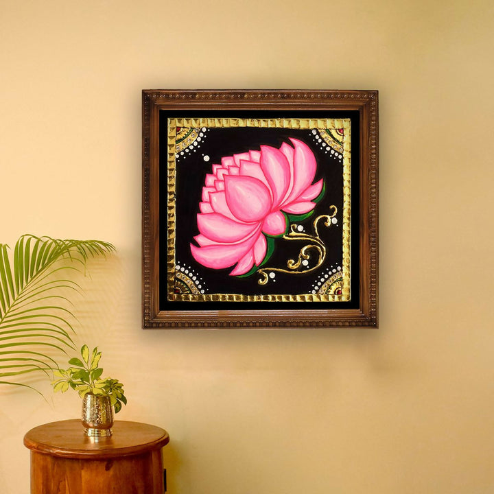 5*5 TANJORE PAINTING FLOWER Authentic With 22 Ct Gold Foil and Jaipur Gemstones,Unframed | SHOBITAM