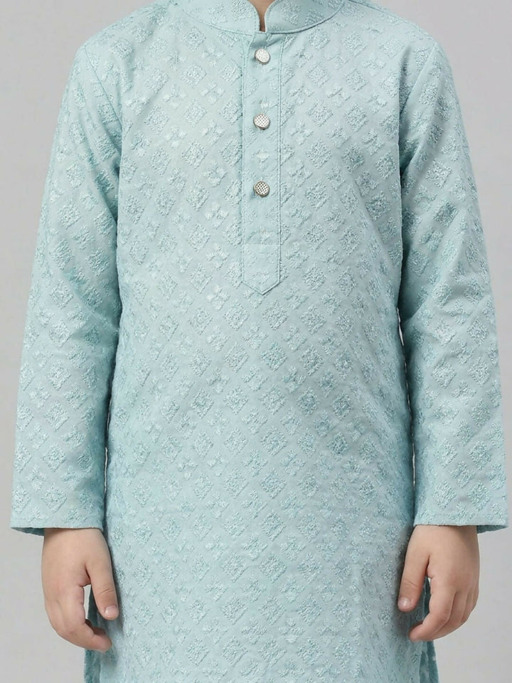 Boys Teal Textured Kurta Pajama Set | Ethnic Wear for Kids | SHOBITAM