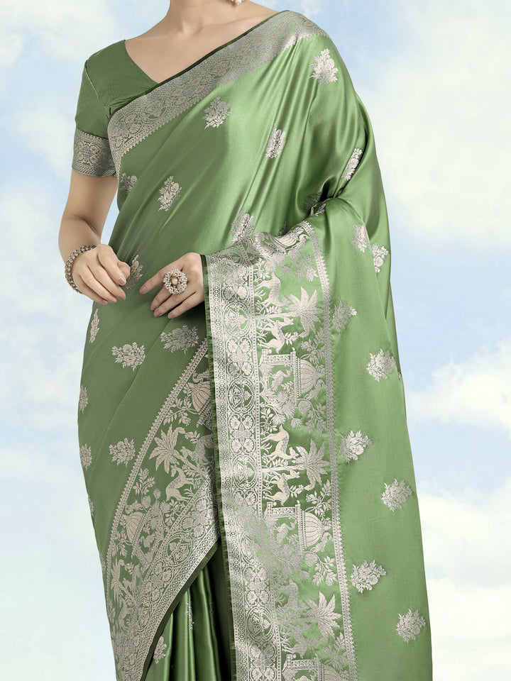 Light Green Zari Weaving Work Banarasi Satin Silk Saree |SHOBITAM