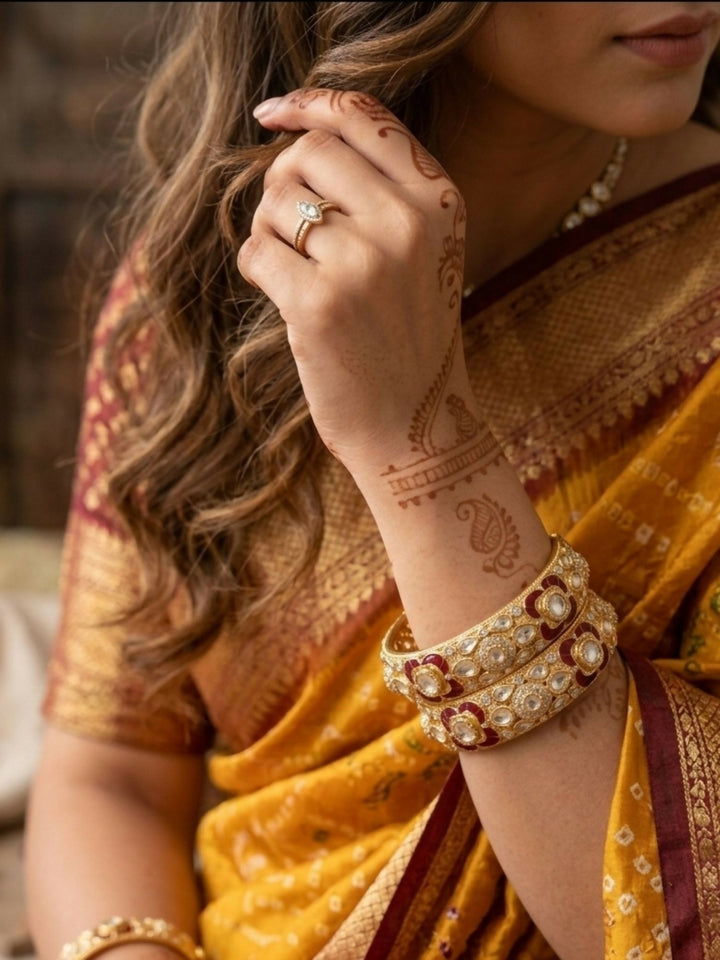 Gold Plated Uncut Polki Moissanite Bangles | SHOBITAM