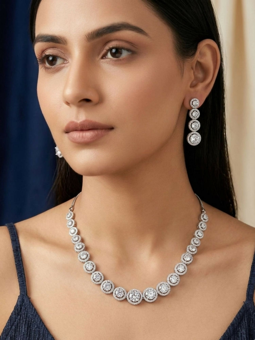 Round Silver Plated American Diamond Necklace Set | SHOBITAM