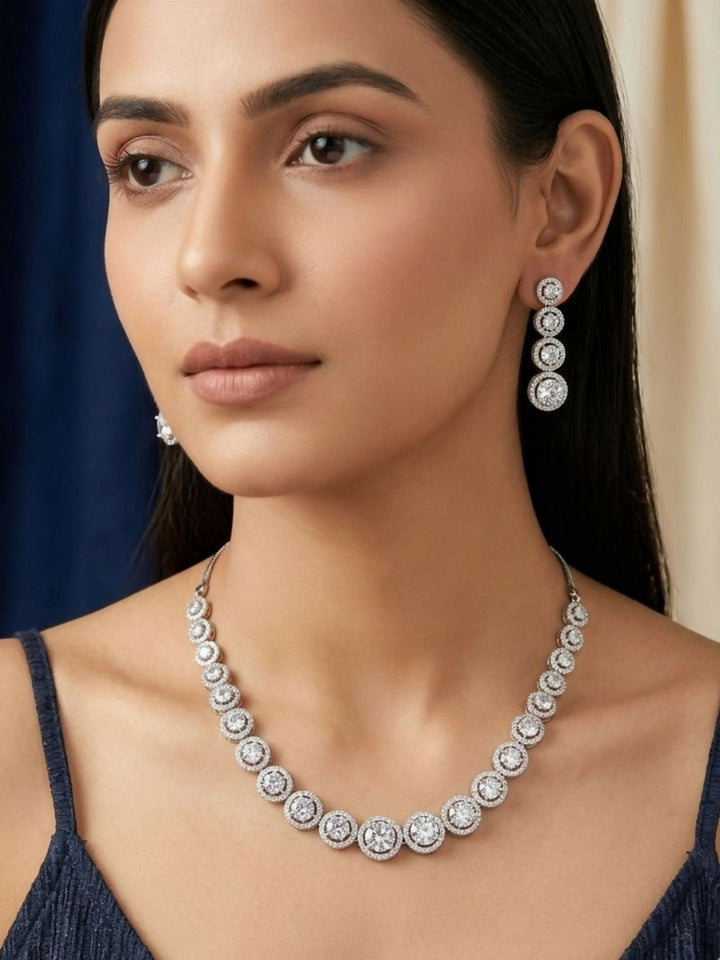 Round Silver Plated American Diamond Necklace Set | SHOBITAM