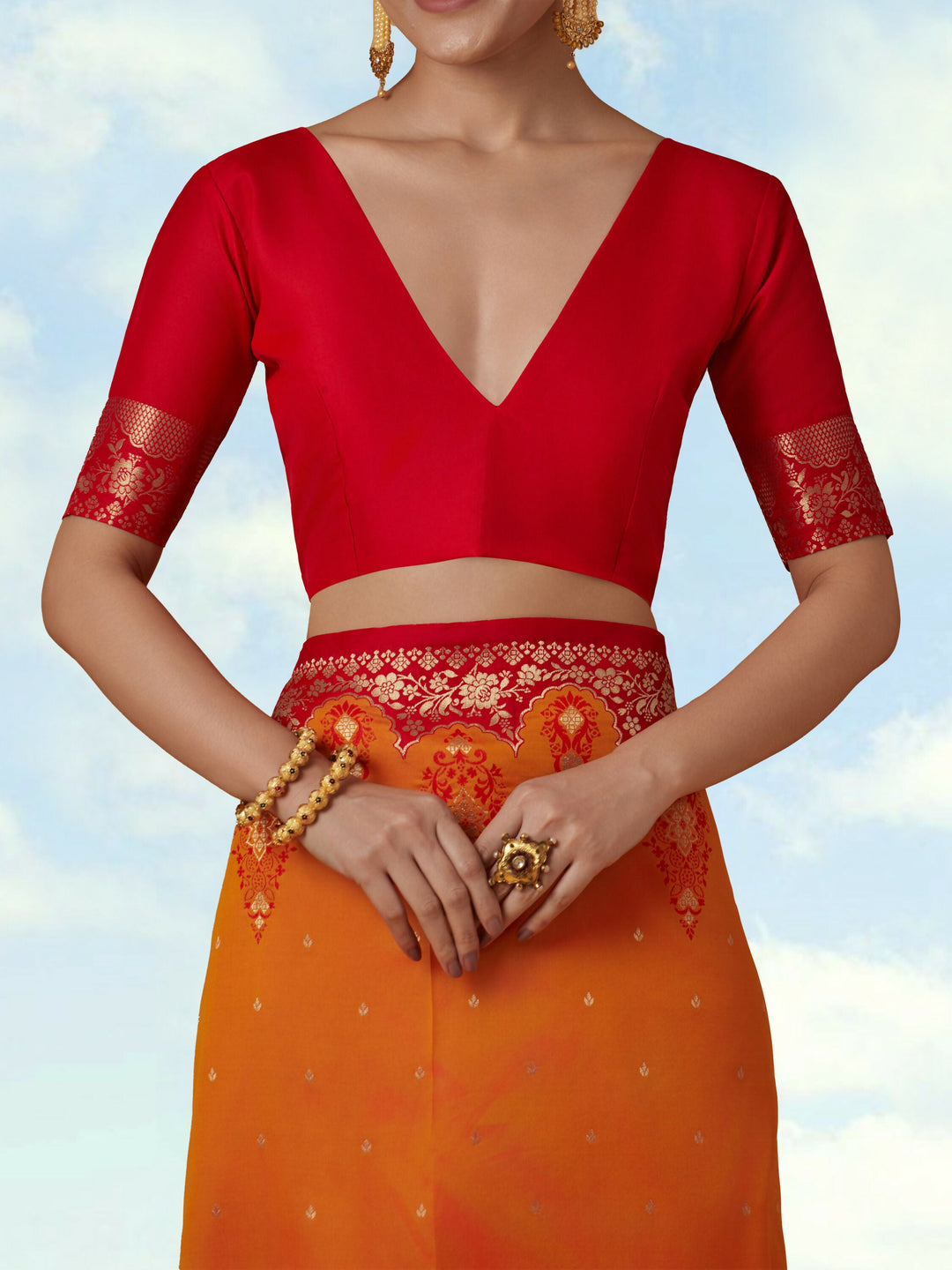 Amber Semi Banarasi Silk Blend Saree with Zari Woven Work | SHOBITAM