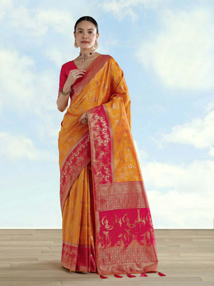 Orange Banarasi Semi Silk Saree With Zari Woven Design | SHOBITAM
