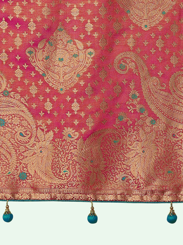 Red Color Paisley Zari Woven Semi Banarasi Tissue Silk Saree  | SHOBITAM