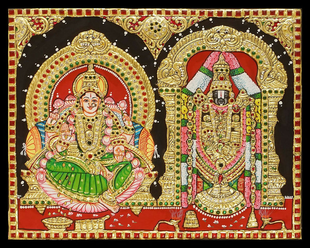 15x12" Tanjore painting of Lord Balaji with Lakshmi, Authentic With 22 Ct gold Foil and Jaipur Gemstones, Unframed