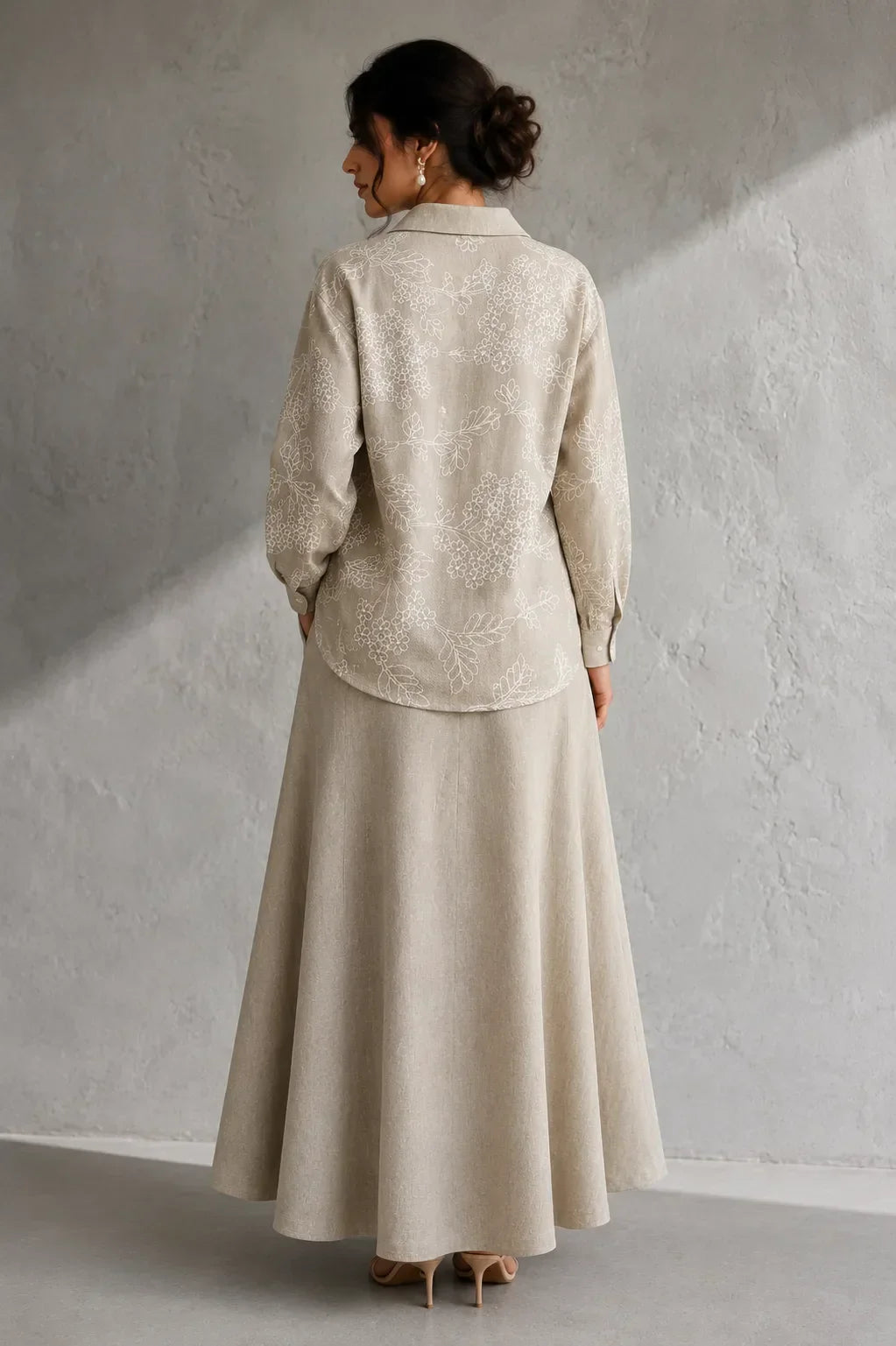 Beige Essence Embroidered Linen Skord | SHOBITAM