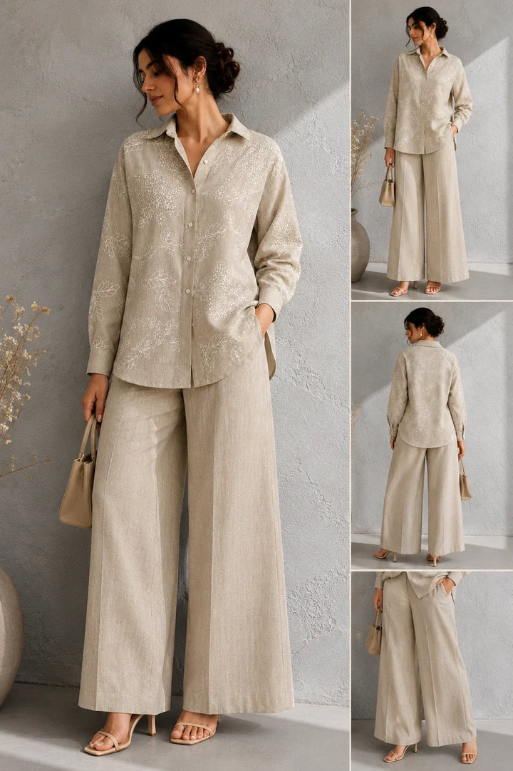 Beige Essence Embroidered Linen Co-Ord Set | SHOBITAM