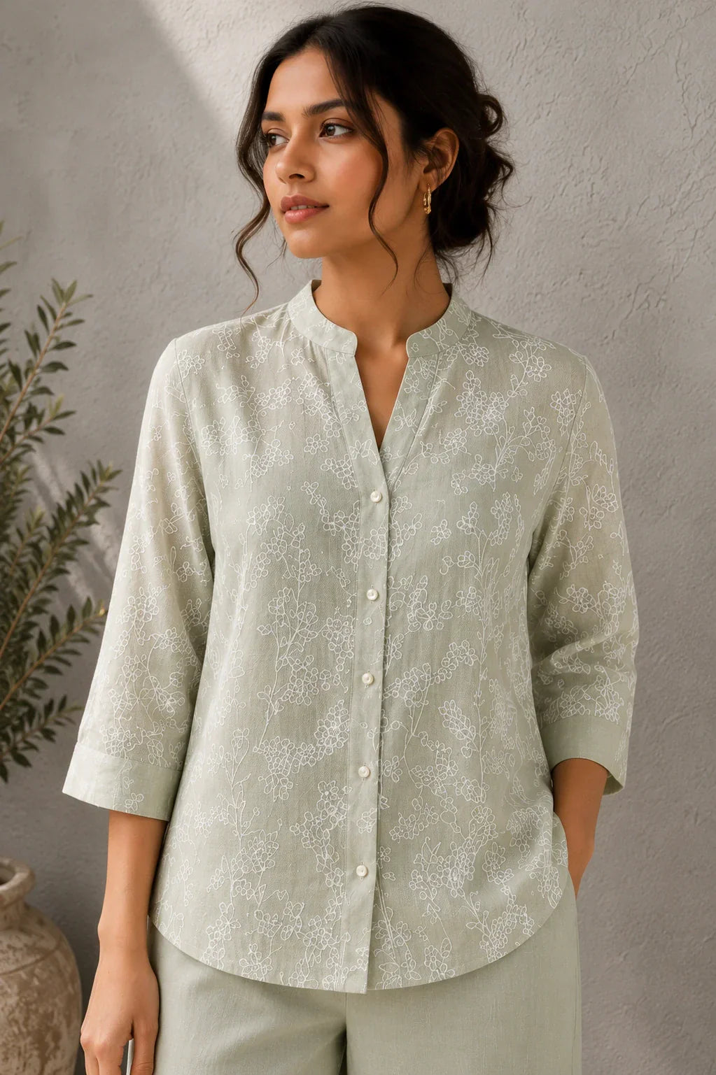 Green Essence Embroidered Linen Co-Ord Set | SHOBITAM