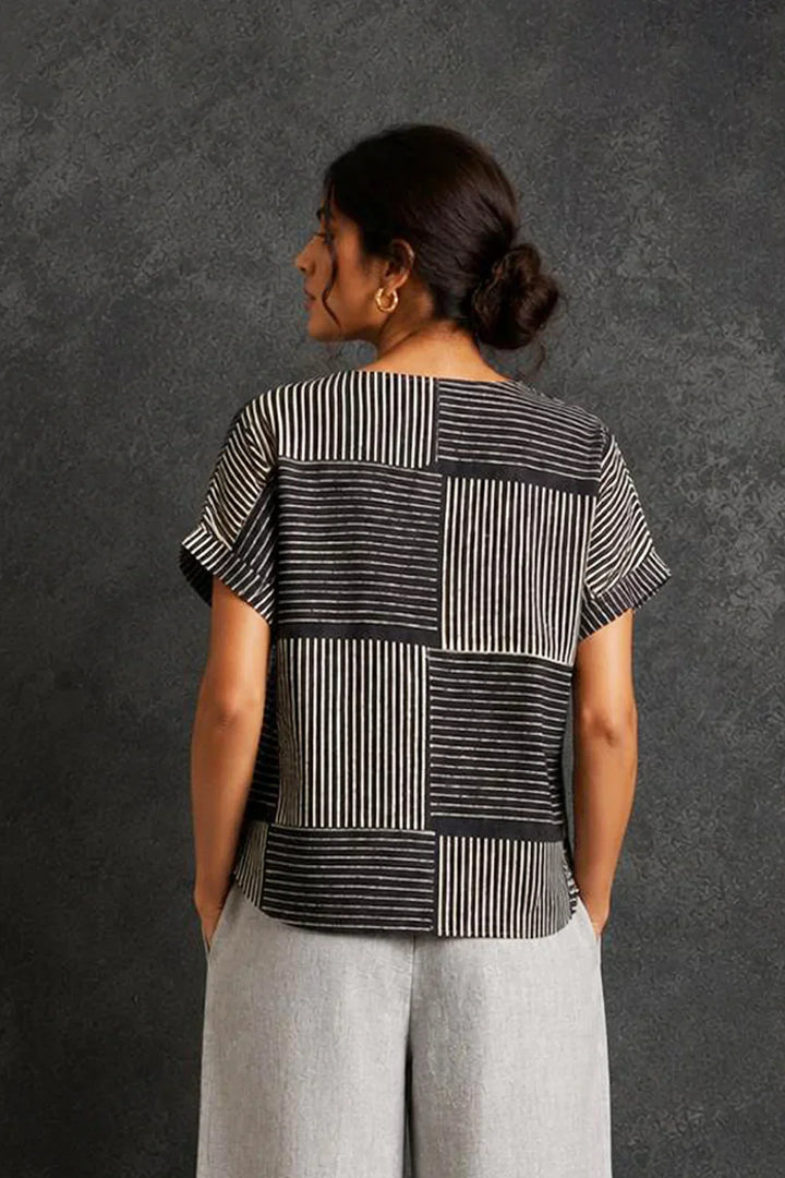 Grey Box Checks Hand Block Print Top | SHOBITAM