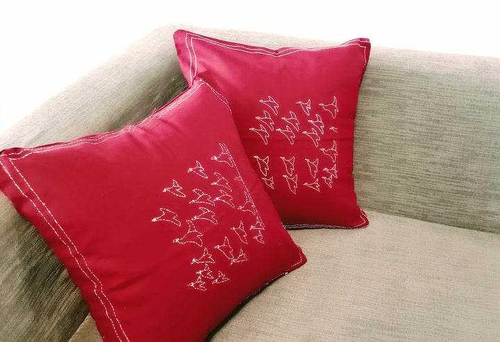 Maroon White Kantha Cushion Cover - Pack of 2 | SHOBITAM