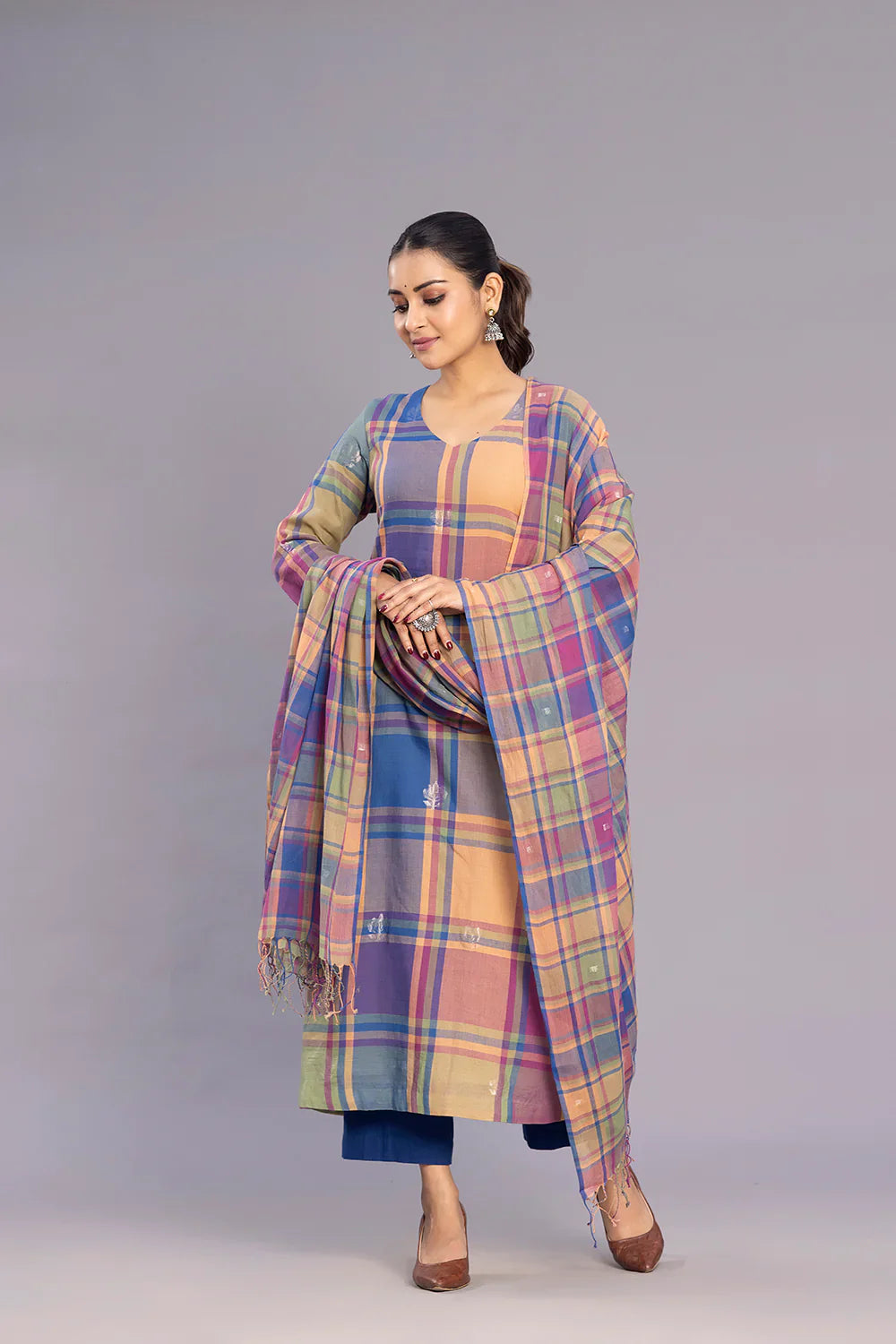 Handloom Multicolour Shalpa Motifs Zari Jamdani Kurta Set with Dupatta | SHOBITAM