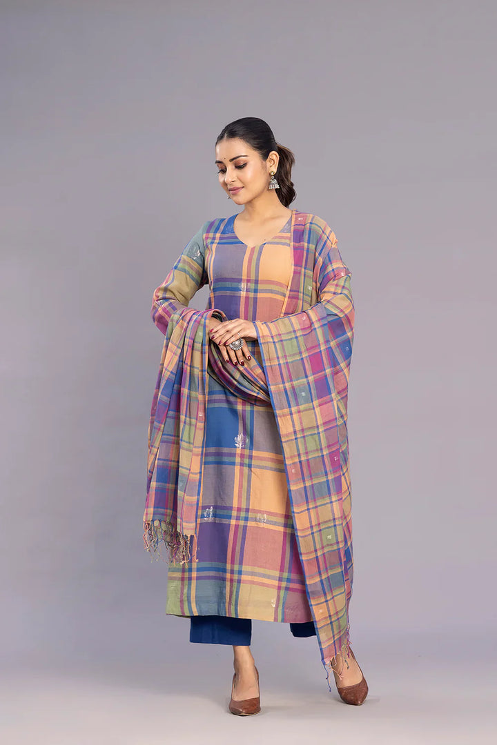 Handloom Multicolour Shalpa Motifs Zari Jamdani Kurta Set with Dupatta | SHOBITAM