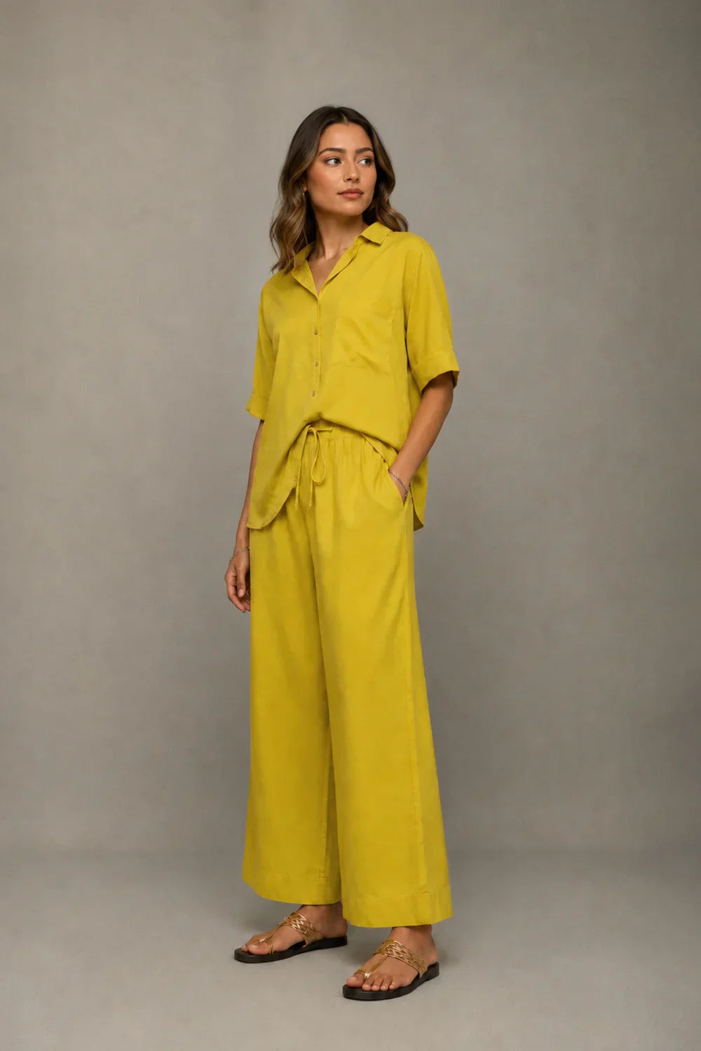 Plantain Yellow Co-Ord Shirt & Wide Leg Pant Set | SHOBITAM