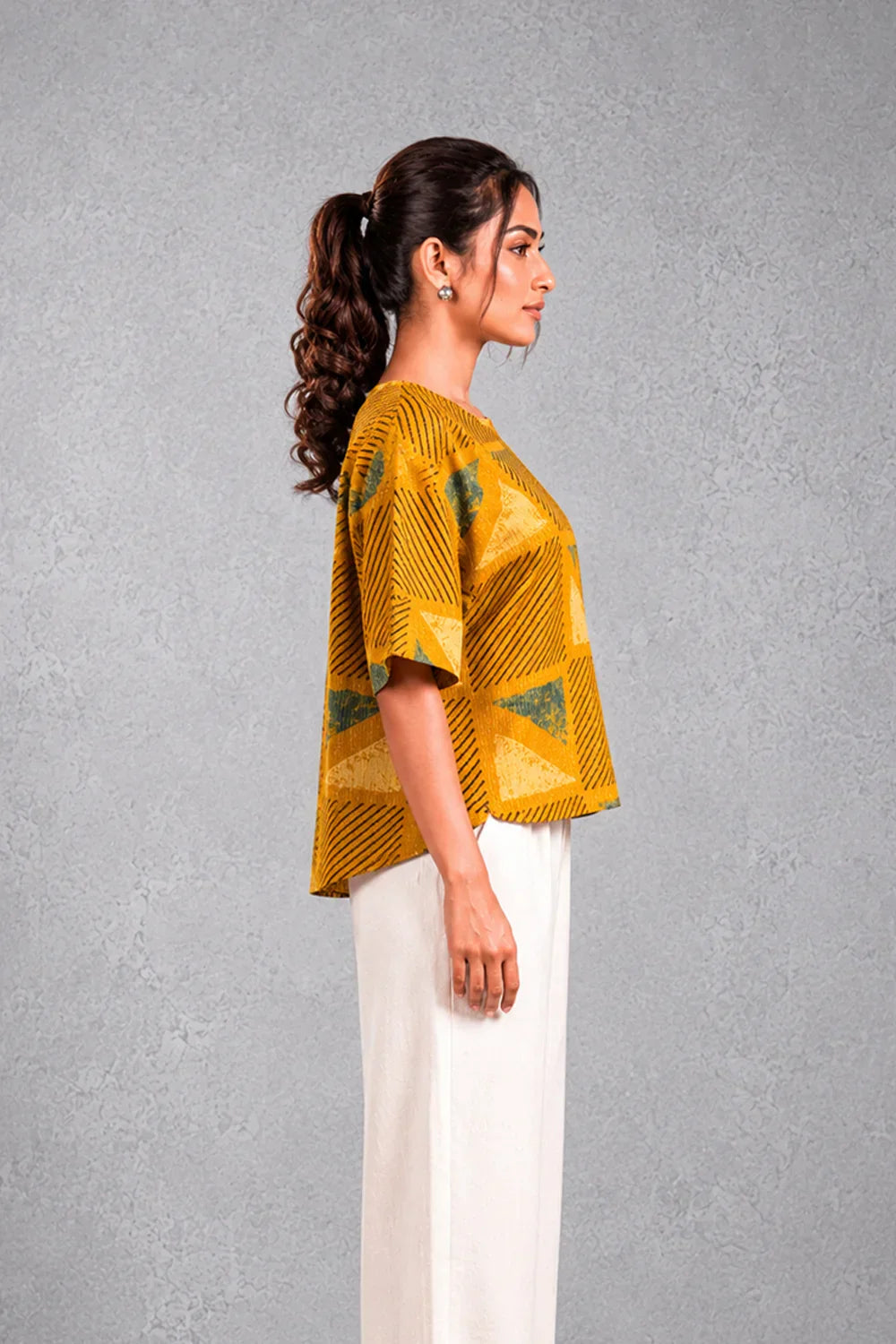 Mustard Yellow Cotton Ajrakh Top | SHOBITAM