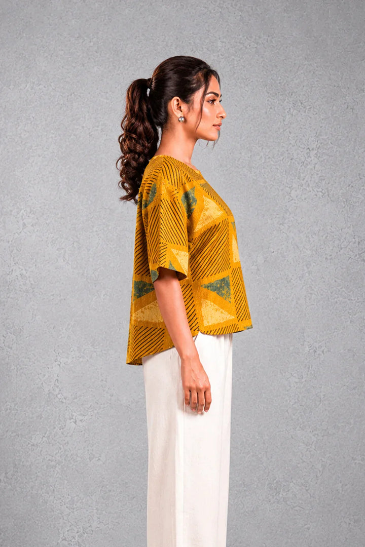 Mustard Yellow Cotton Ajrakh Top | SHOBITAM
