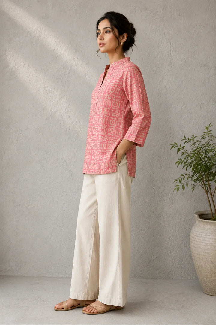 Pink Hand Batik Khadi Cotton Top | SHOBITAM