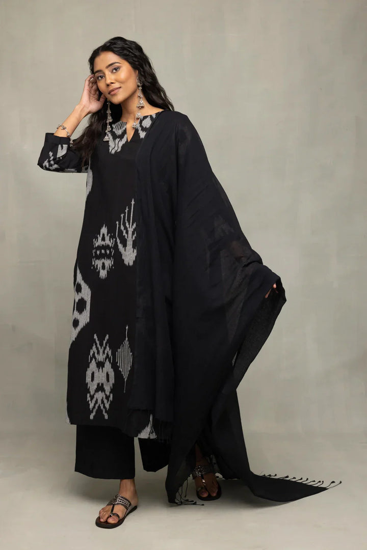 Handloom Black Ikat Abstract Kurta Set with Dupatta | SHOBITAM