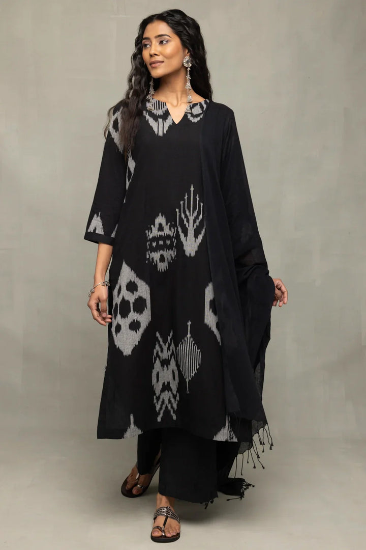 Handloom Black Ikat Abstract Kurta Set with Dupatta | SHOBITAM