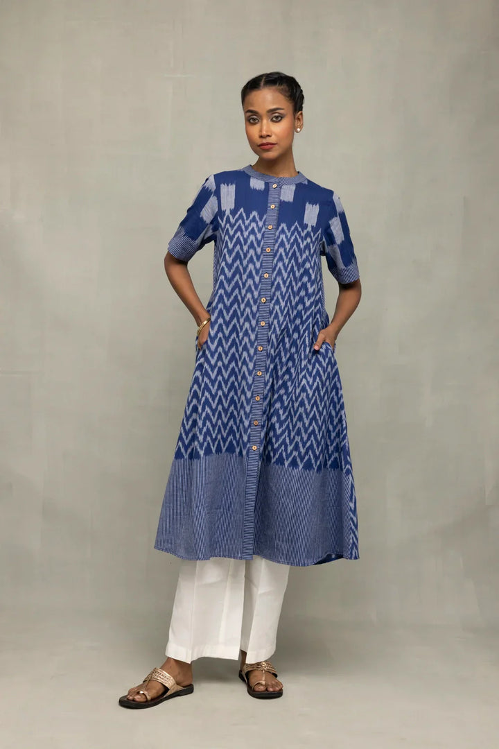 Handloom Blue Abstract Ikat Co-ord Set | SHOBITAM