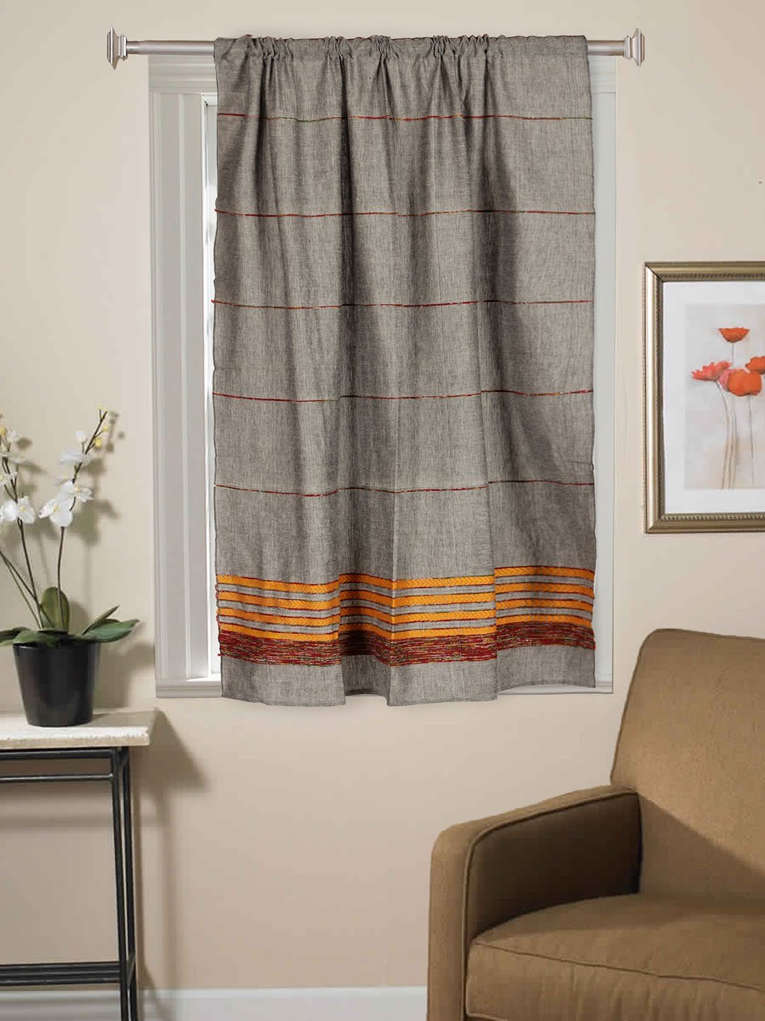 Grey Khesh Kantha Cotton Window Curtain- Single Panel | SHOBITAM