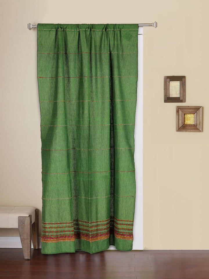 Pickle Green Khesh Kantha Cotton Curtain- Single Panel | SHOBITAM