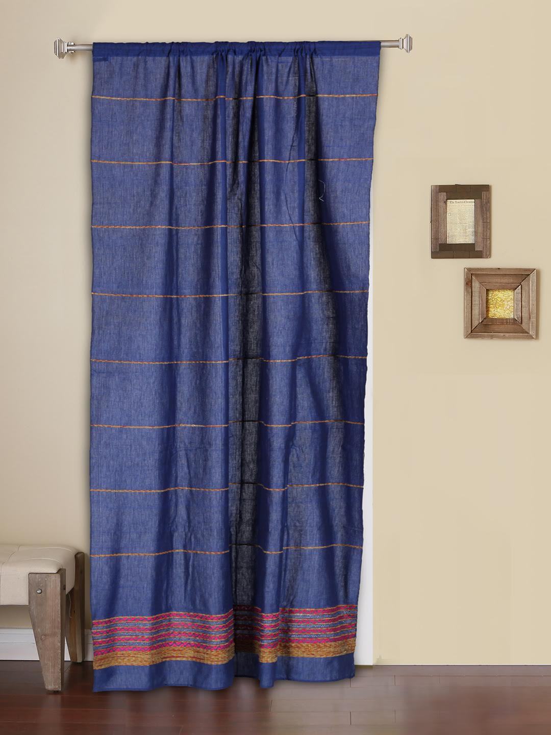 Zaffre Blue Khesh Kantha Cotton work Door Curtain- Single Panel | SHOBITAM