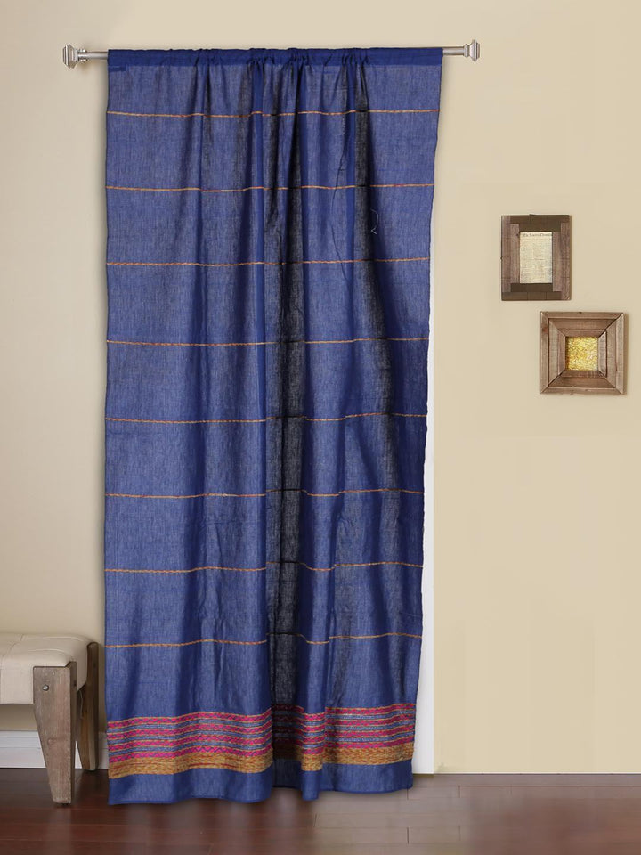 Zaffre Blue Khesh Kantha Cotton work Door Curtain- Single Panel | SHOBITAM