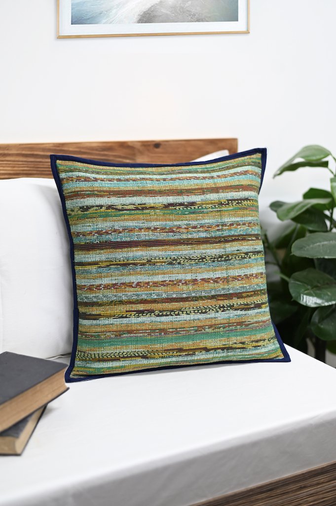Multicolor Khesh Cotton Cushion Covers- Green Navy - Pack of 1 | SHOBITAM