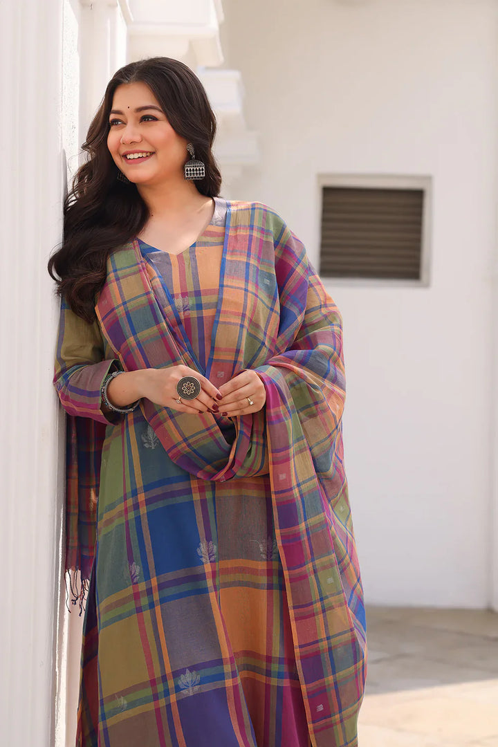 Handloom Multicolour Shalpa Motifs Zari Jamdani Kurta Set with Dupatta | SHOBITAM
