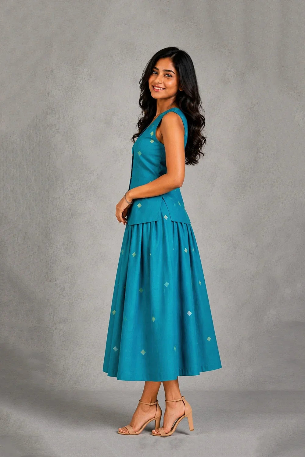Teal Blue Yantra Motif Jamdani Skord | SHOBITAM