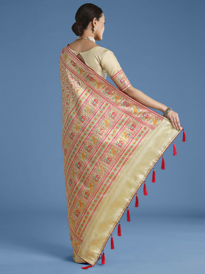 Cream Semi Banarasi Satin Silk Saree With Patola Work | SHOBITAM