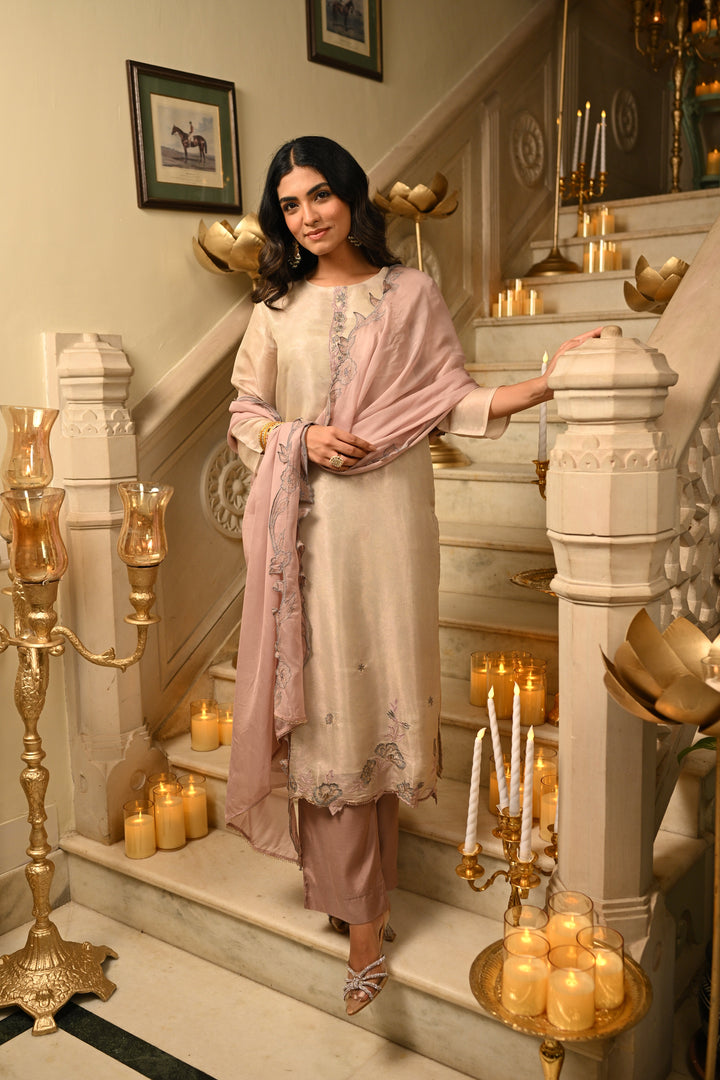 Blush Pink Cut Work Pure Muslin Silk Jacquard Kurta with Scallope Thread Hand Work and Fuschia Lilac Pant With Pure Organza Dupatta- SET OF-3 | SHOBITAM