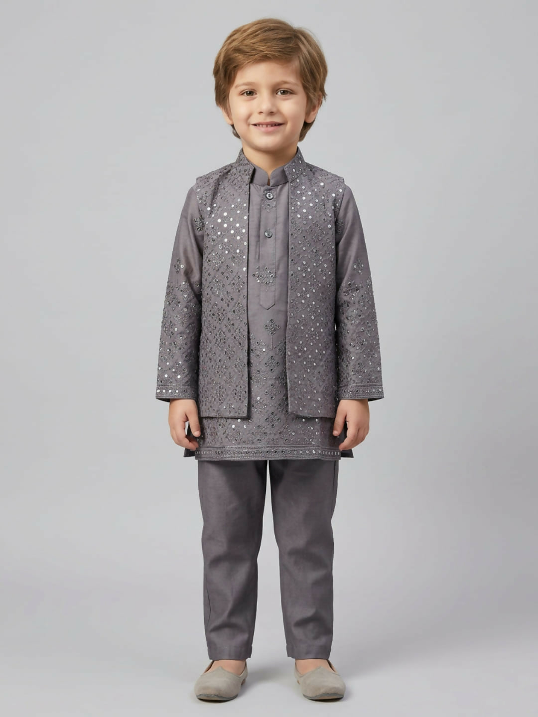 Boys Embroidered Grey Kurta Pajama Set with Ethnic Jacket | SHOBITAM