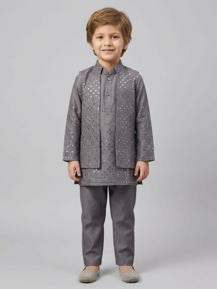 Boys Embroidered Grey Kurta Pajama Set with Ethnic Jacket | SHOBITAM