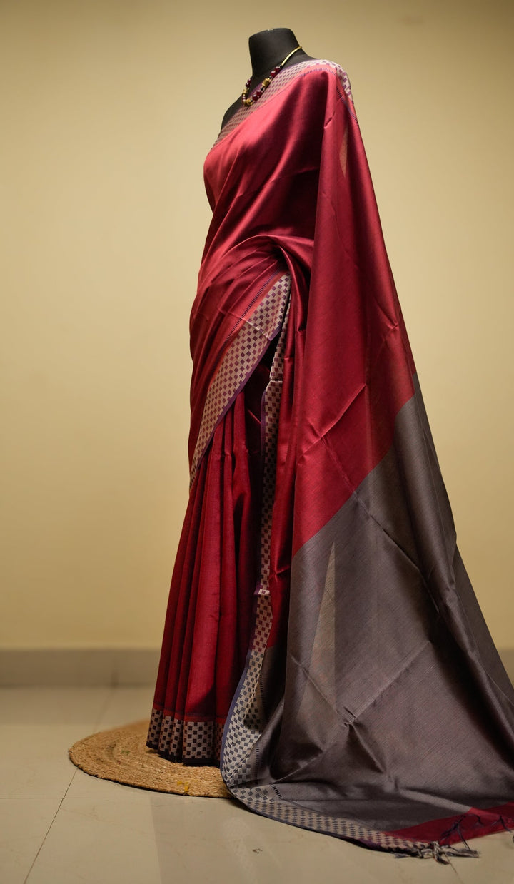 Honey Red Handwoven Tussar by Eri Silk Saree | SILK MARK CERTIFIED | SHOBITAM