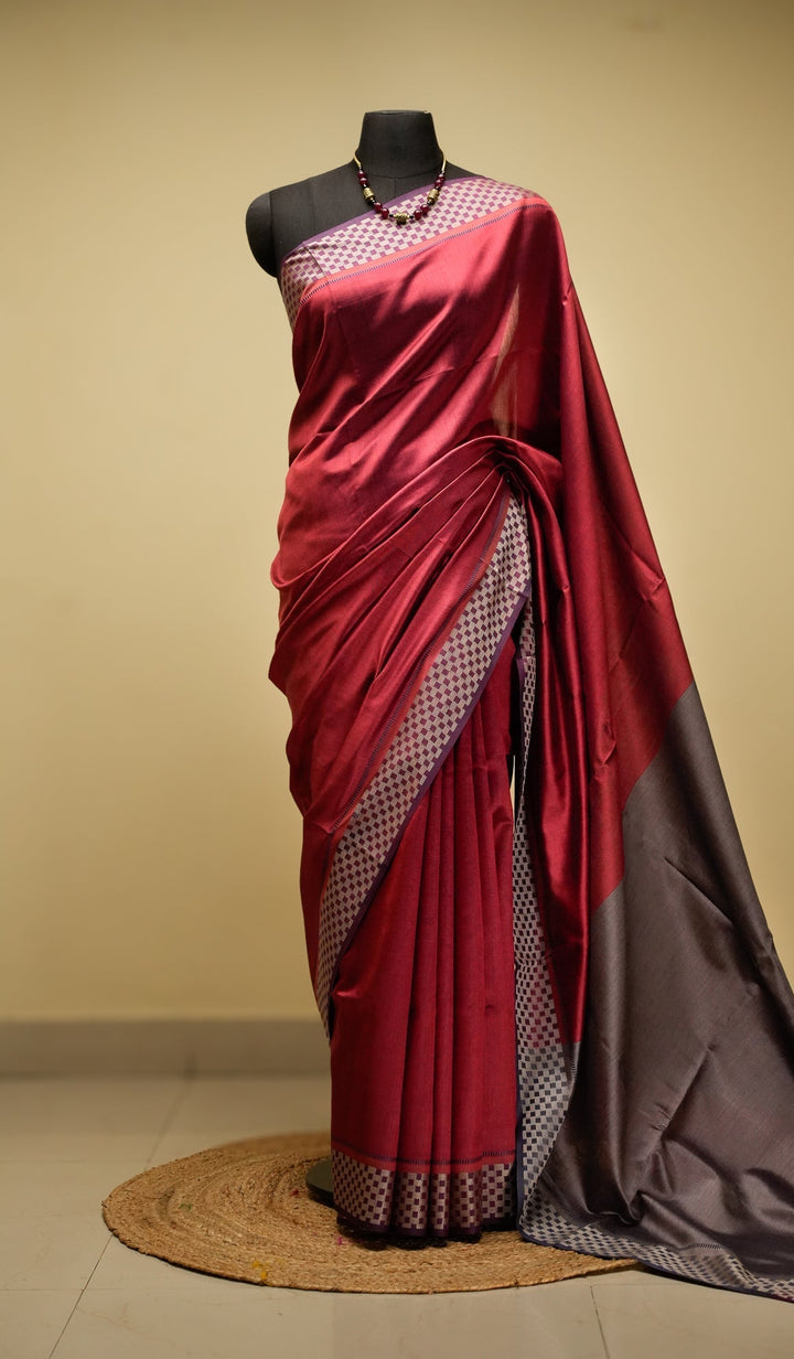 Honey Red Handwoven Tussar by Eri Silk Saree | SILK MARK CERTIFIED | SHOBITAM