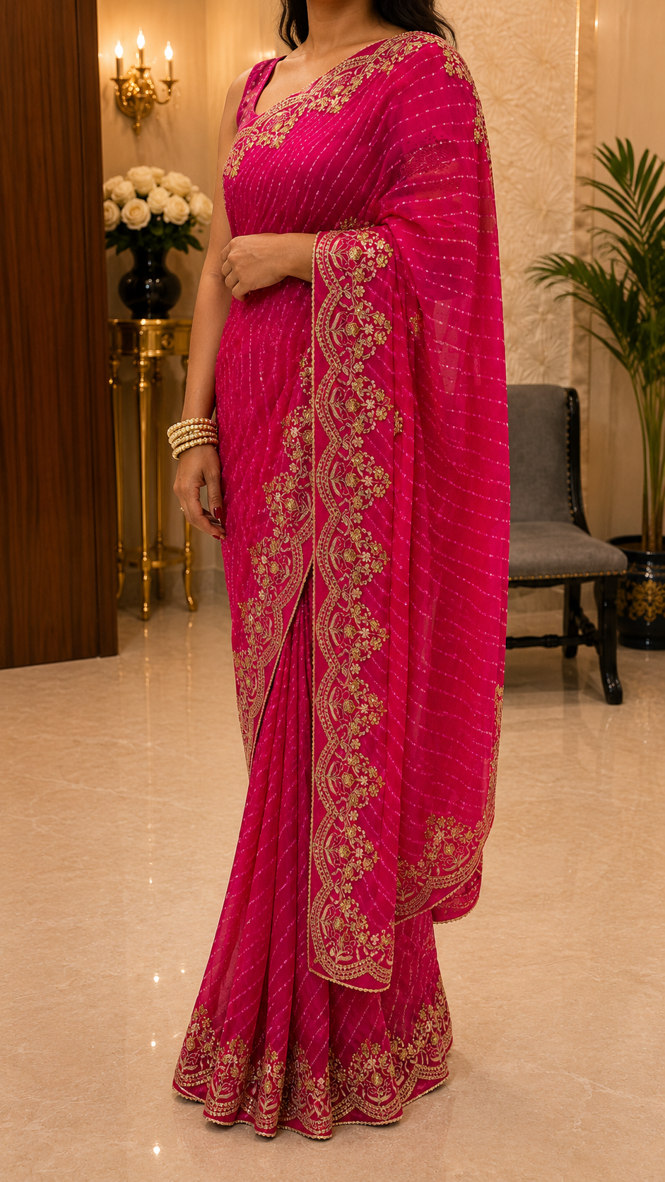 Hot Pink Heavy Gotta Patti Saree | SHOBITAM