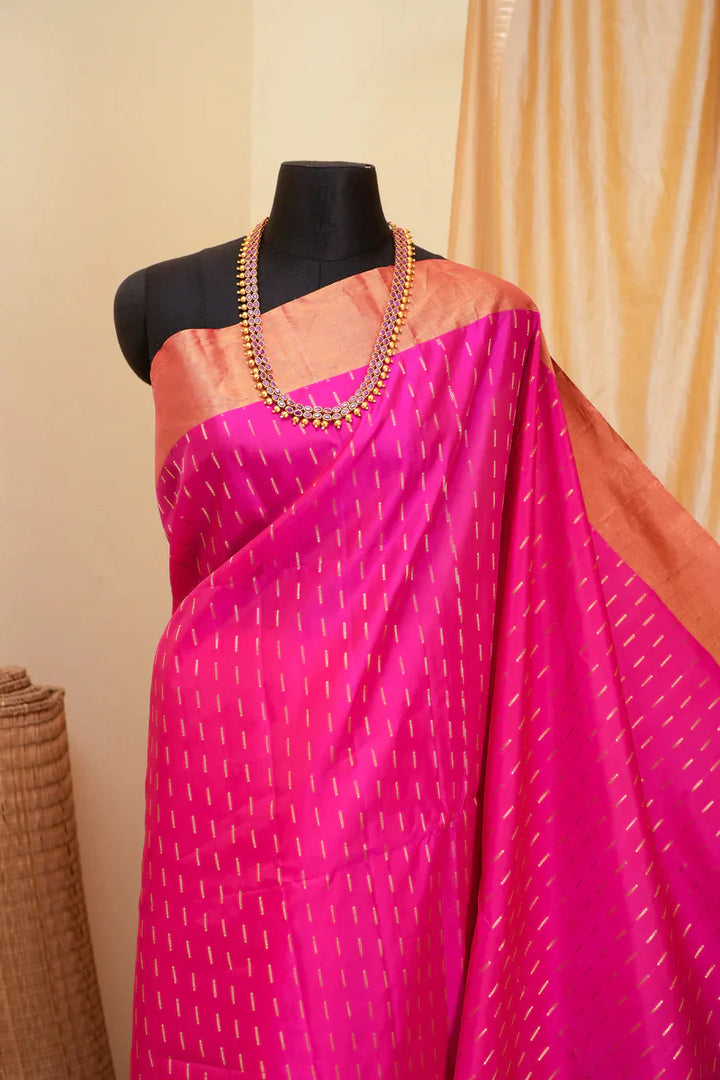 Hot Pink Kanjivaram Soft Silk Handloom Saree with Zari Buttas and Tissue Border | SILK MARK CERTIFIED