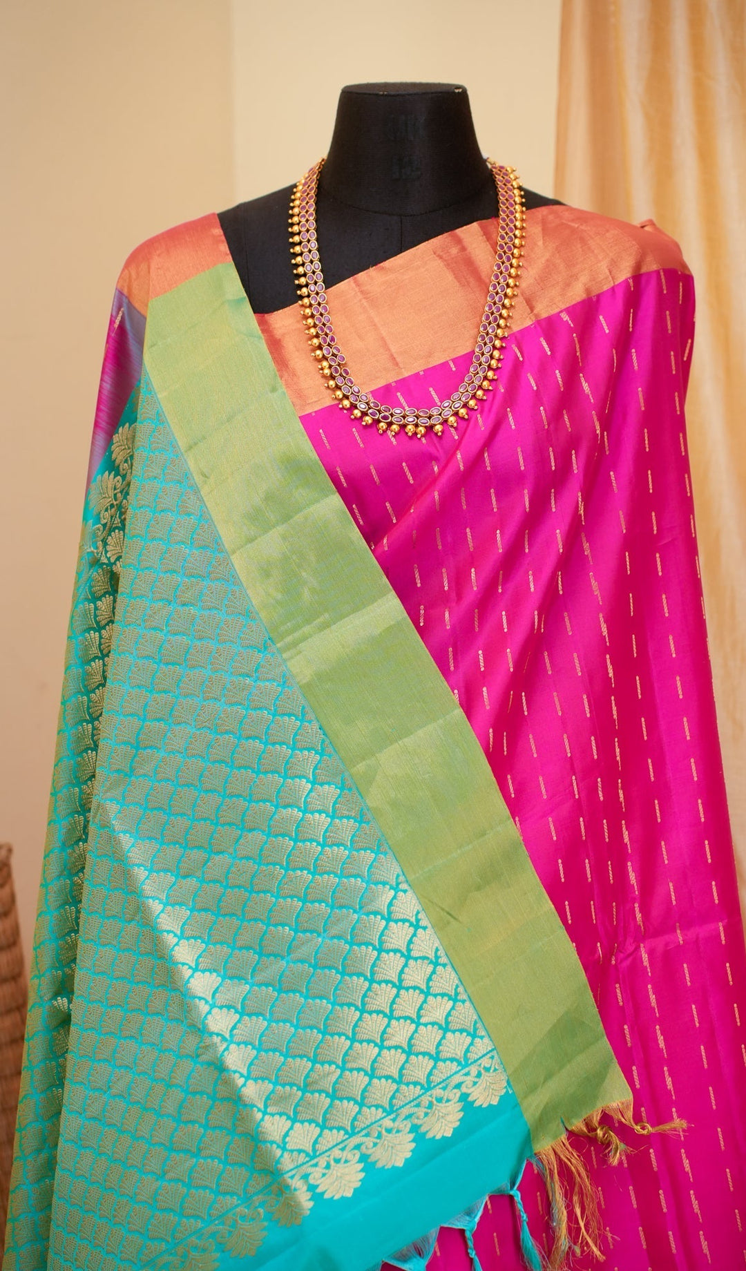Hot Pink With Blue Kanjivaram Soft silk Handloom Saree Malar | SHOBITAM