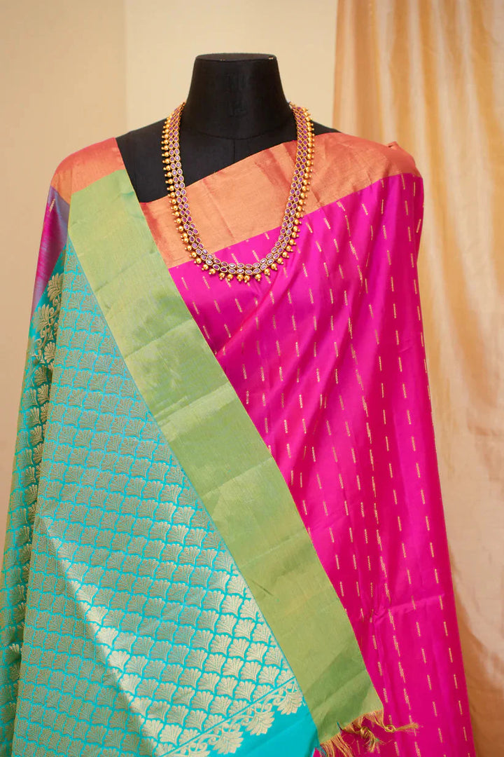 Hot Pink Kanjivaram Soft Silk Handloom Saree with Zari Buttas and Tissue Border | SILK MARK CERTIFIED