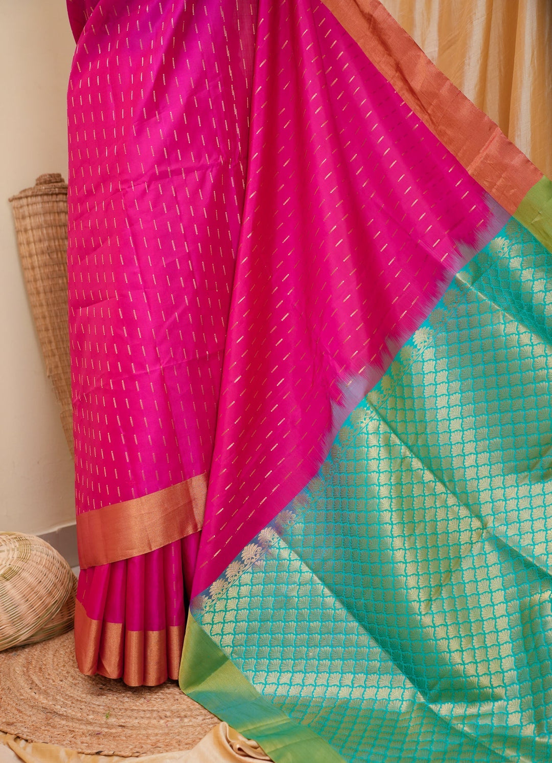 Hot Pink With Blue Kanjivaram Soft silk Handloom Saree Malar | SHOBITAM