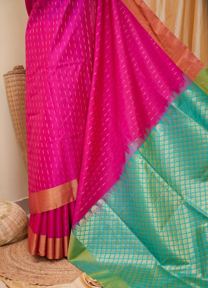 Hot Pink With Blue Kanjivaram Soft silk Handloom Saree Malar | SHOBITAM