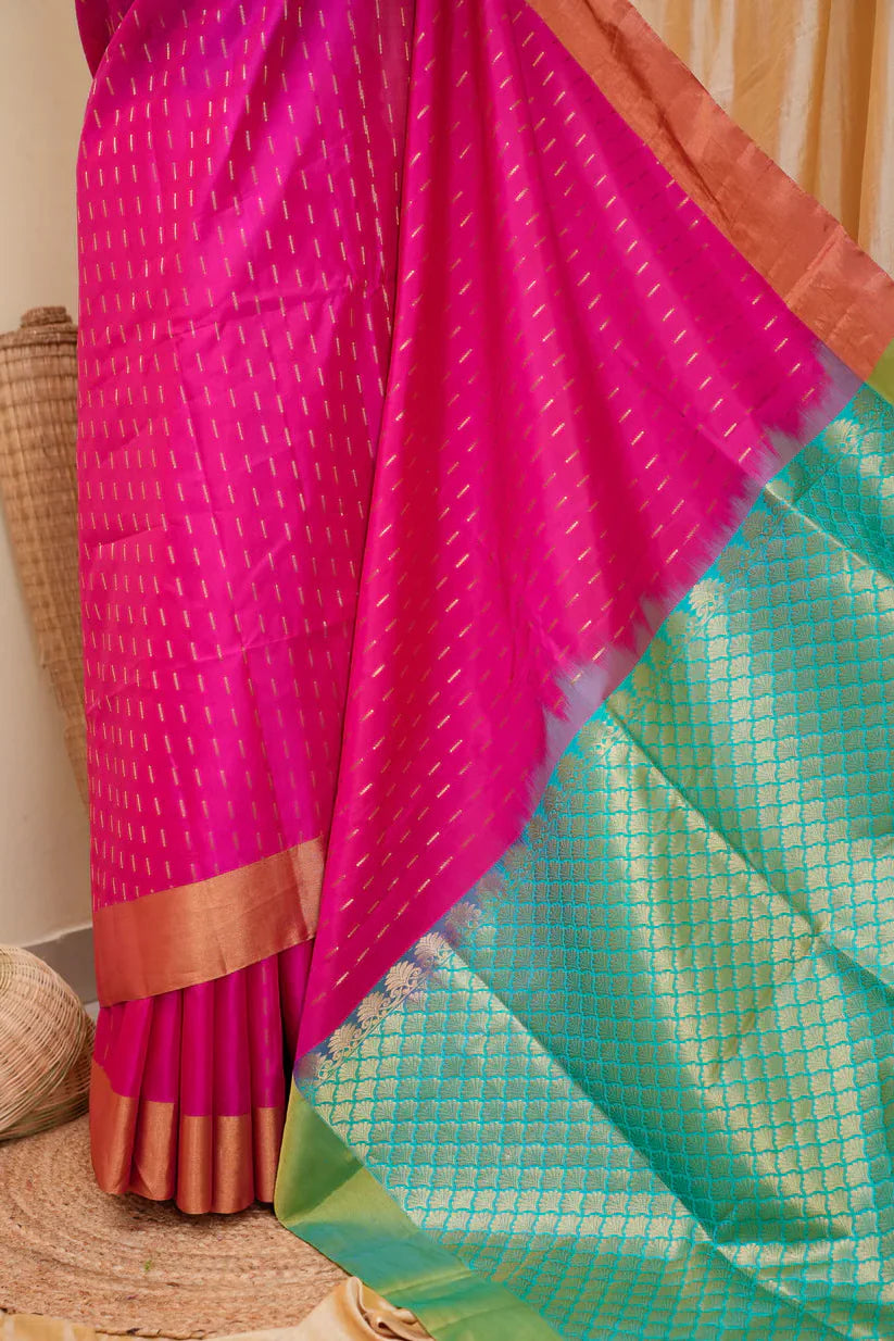 Hot Pink Kanjivaram Soft Silk Handloom Saree with Zari Buttas and Tissue Border | SILK MARK CERTIFIED