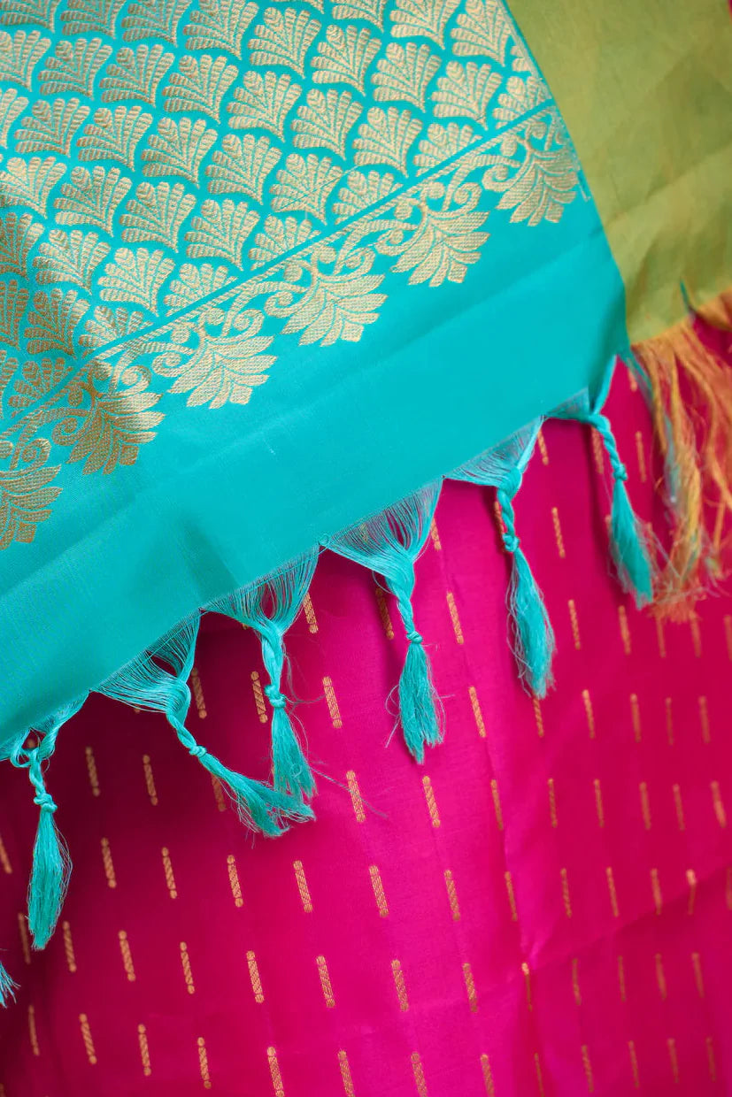 Hot Pink Kanjivaram Soft Silk Handloom Saree with Zari Buttas and Tissue Border | SILK MARK CERTIFIED