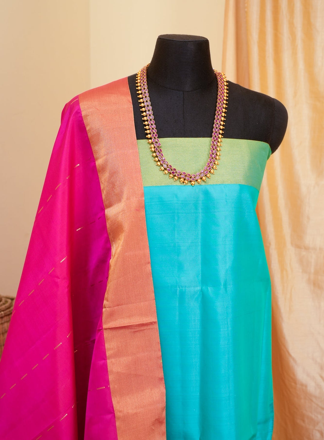 Hot Pink With Blue Kanjivaram Soft silk Handloom Saree Malar | SHOBITAM