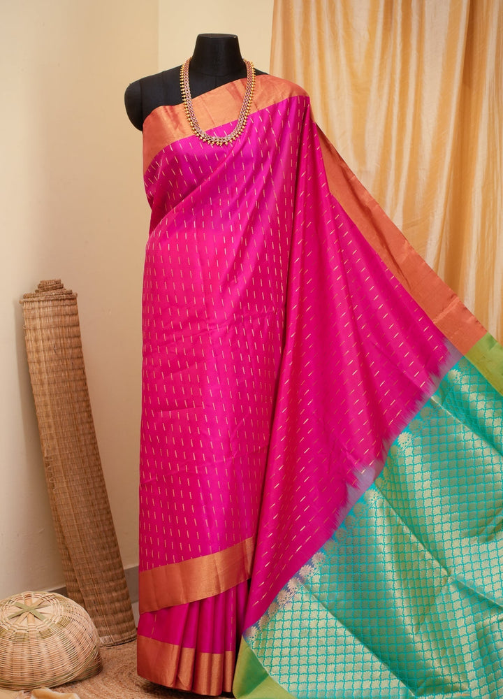 Hot Pink With Blue Kanjivaram Soft silk Handloom Saree Malar | SHOBITAM