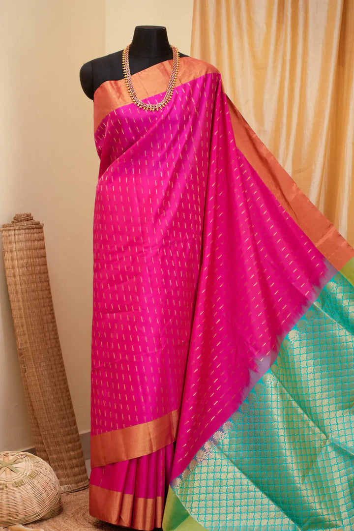 Hot Pink Kanjivaram Soft Silk Handloom Saree with Zari Buttas and Tissue Border | SILK MARK CERTIFIED